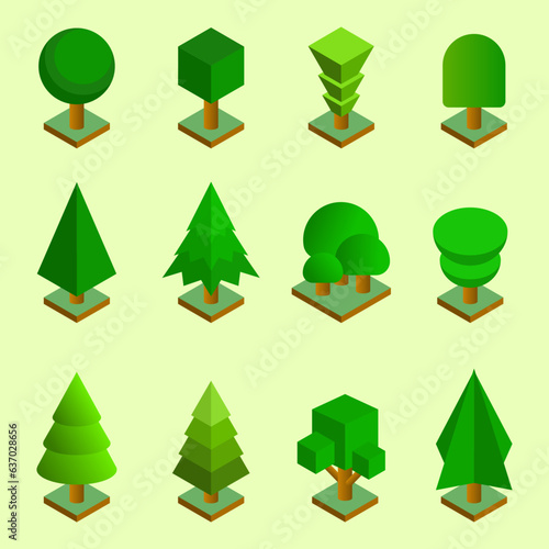 isometric set of park plants green trees isolated 