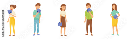 People Characters Expressing Emotion Hiding Behind Mask with Fake Feeling Vector Set