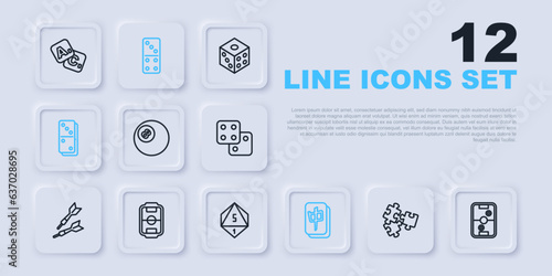 Set line Puzzle pieces toy, Air hockey table, Billiard pool snooker ball, Mahjong, Domino, Table football, and Game dice icon. Vector