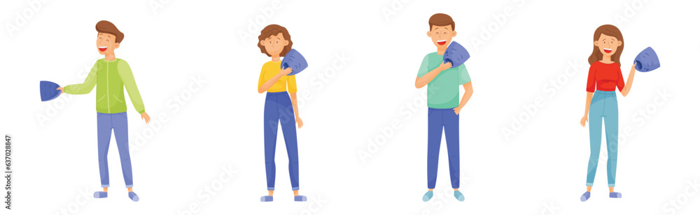 People Characters Expressing Emotion Hiding Behind Mask with Fake Feeling Vector Set People Characters Expressing Emotion Hiding Behind Mask with Fake Feeling Vector Set