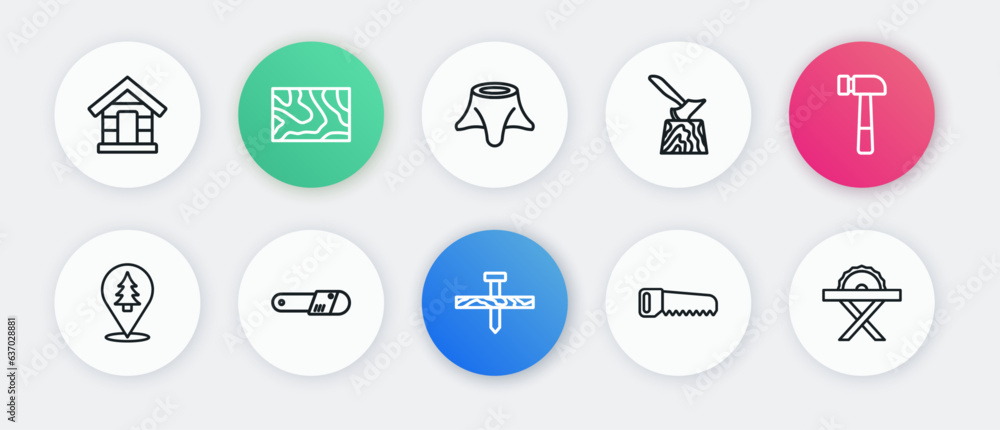Set line Metallic nail, Hammer, Location of the forest, Hand saw, Wooden axe in stump, Tree, Electric circular and Chainsaw icon. Vector Set line Metallic nail, Hammer, Location of the forest, Hand saw, Wooden axe in stump, Tree, Electric circular and Chainsaw icon. Vector