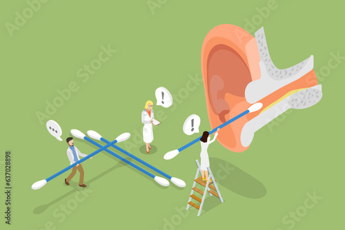 3D Isometric Flat Vector Conceptual Illustration of Cleaning The Ear Canal, Removing Earwax with Cotton Bud