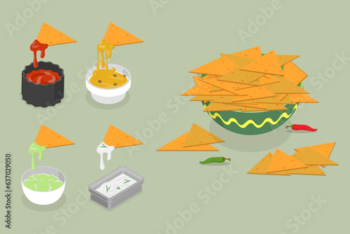 3D Isometric Flat Vector Set of Nachos, Mexican Tortilla Chips with Sauces
