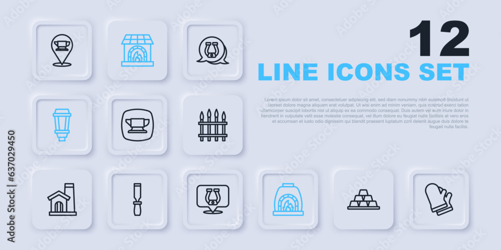 Set line Gold bars, Protective gloves, Blacksmith anvil tool, oven, Garden light lamp, Rasp metal file, and Horseshoe icon. Vector Set line Gold bars, Protective gloves, Blacksmith anvil tool, oven, Garden light lamp, Rasp metal file, and Horseshoe icon. Vector