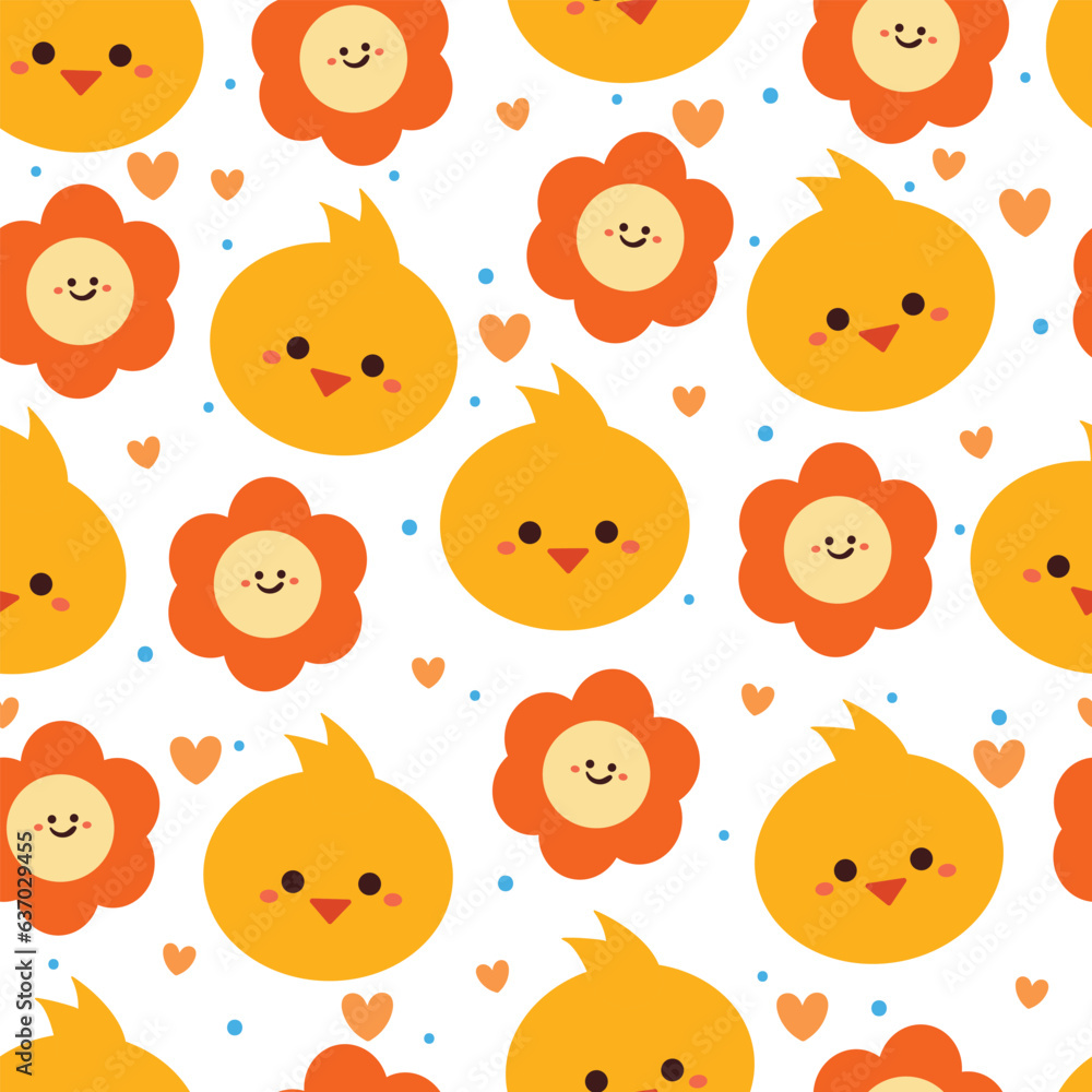 seamless pattern cartoon chick and plant. cute animal wallpaper for textile, gift wrap paper
