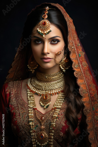 Portrait of beautiful indian girl. Young hindu woman model with golden kundan jewelry set . Traditional Indian costume lehenga choli  © STORYTELLER