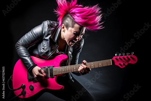 Rebellious businesswoman in punk rock style, passionately playing a hot pink electric guitar with grunge grey studio backdrop.