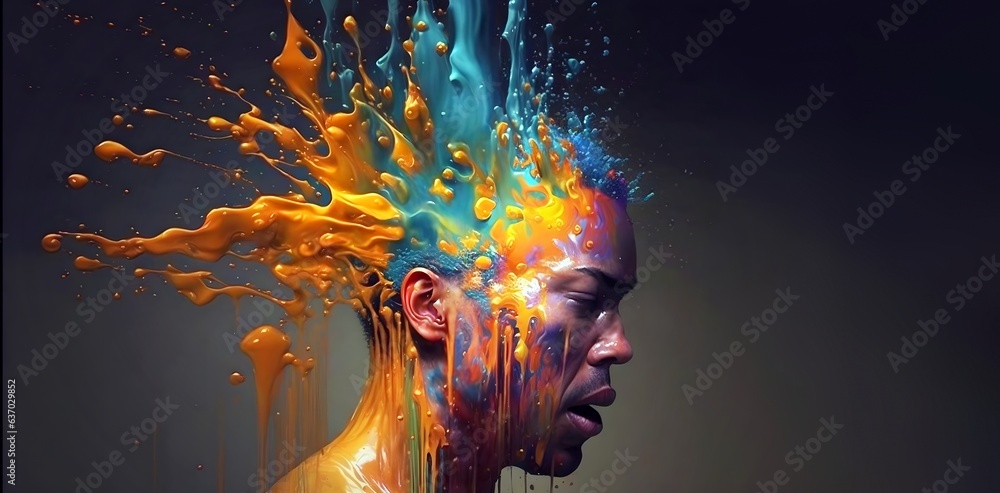 African male energy young guy portrait, face man stylish with splash colorful paint - obrazy, fototapety, plakaty 