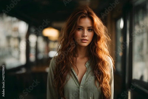 A woman with long red hair standing in front of a window