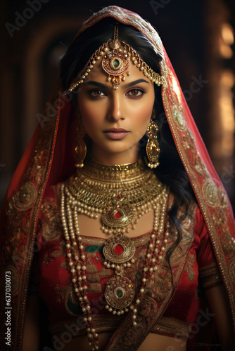 Portrait of beautiful indian girl. Young hindu woman model with golden kundan jewelry set . Traditional Indian costume lehenga choli 