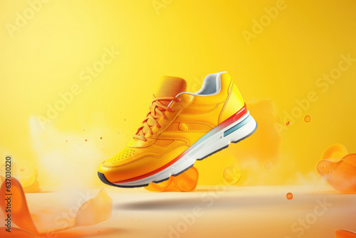 Flying trendy sneakers on creative colorful background. Sport footwear and fashion concept in minimalistic style. Levitating shoes
