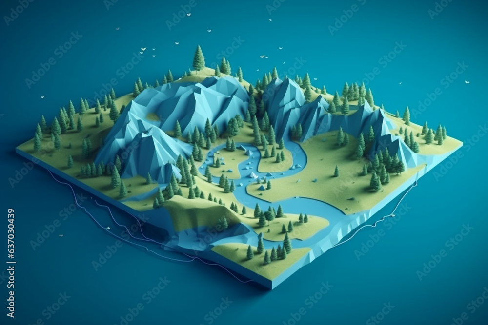 Fototapeta premium this map is on a flat blue background, with a grassy area, in the style of surreal 3d landscapes, photorealistic rendering, copy space, adventure themed, wilderness