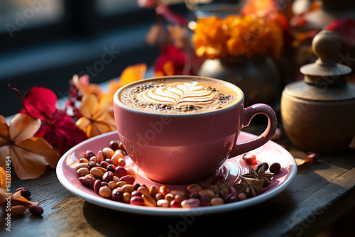 Pink cup of coffee and flowers, autumn composition in daylight. Generative AI