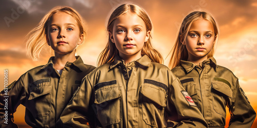 Inspirational trio of young girls in oversized military, firefighting and medical uniforms showing aspiration to defy gender norms, against a heroic sunset background. © XaMaps