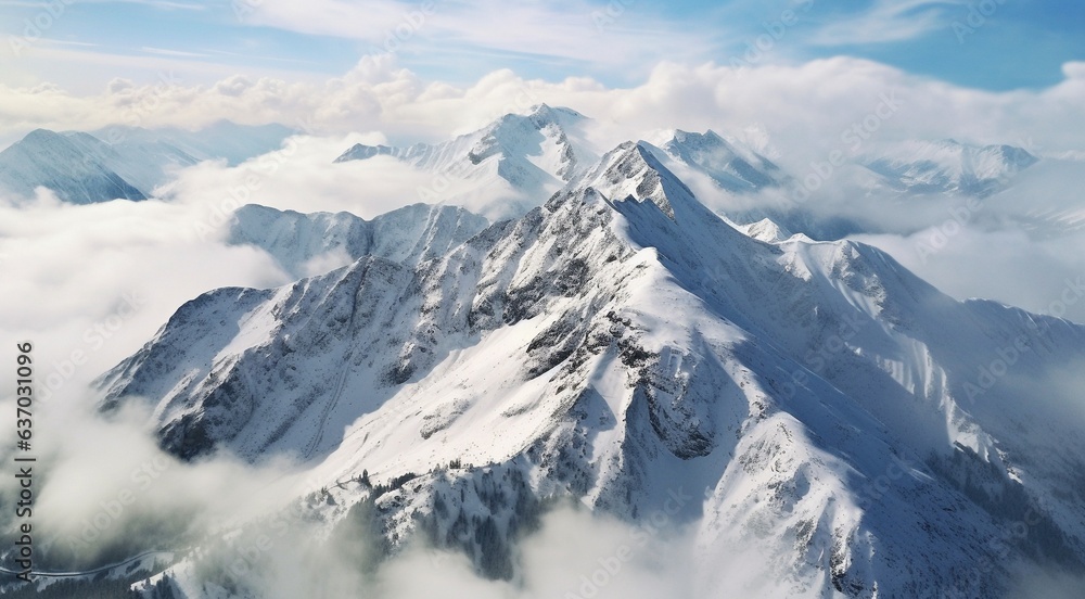 panorama of the mountains, view from the top of the mountain, snowy mountain, snow covered mountains in winter