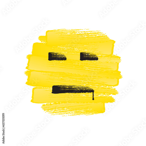 Indifferent Emotionless Happy Face with Straight Mouth Rough Brush Strokes Painting with Paint Drop - Circle Black and Yellow Template on White Background - Mixed Graphic Design
