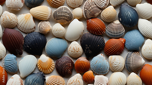 Seaside Treasures: Hand-Drawn Assortment of Beach Seashells in Flatlay, Showcasing a Kaleidoscope of Textures, Colors, and Shapes © Wouter