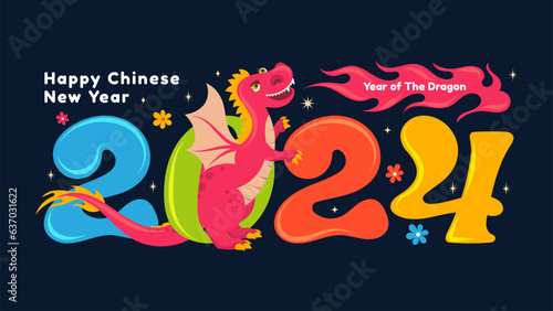 Cartoon Happy Chinese New Year 2024, cute dragon zodiac character with 2024 number