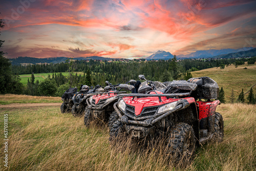 Fototapeta Naklejka Na Ścianę i Meble -  Quad ATV Offroad on green hills mountains background skin Zakopane Poland, alpes, sky, 
