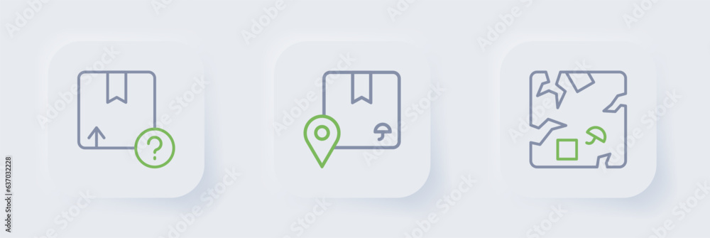 Set line Broken cardboard box, Location with and Carton icon. Vector Set line Broken cardboard box, Location with and Carton icon. Vector