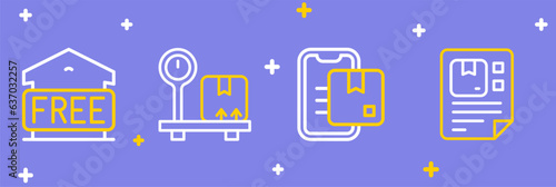 Set line Waybill, Document tracking marker, Scale with cardboard box and Free storage icon. Vector