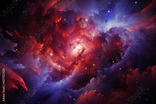 Vibrant deep space scene with swirling gas clouds forming a nebula. Abstract background