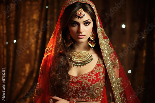 Portrait of beautiful indian girl. Young hindu woman model with golden kundan jewelry set . Traditional Indian costume lehenga choli 