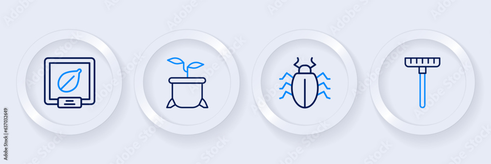 Set line Garden rake, Colorado beetle, Plant in pot and Seeds of specific plant icon. Vector Set line Garden rake, Colorado beetle, Plant in pot and Seeds of specific plant icon. Vector