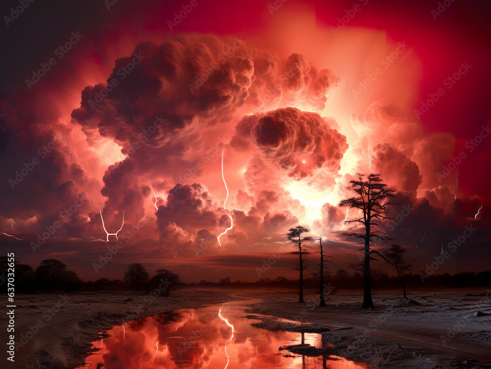 Illustration of a dramatic pole shift turns the sky a captivating and mysterious shade of red. Completely red sky in transformation of the planet.