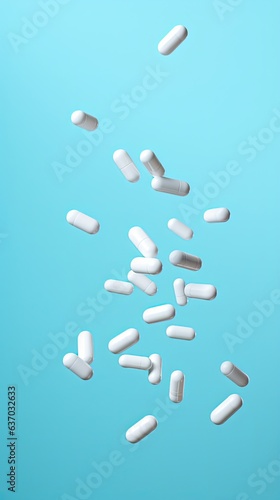 Group of white capsule pills falling, concept of healthcare and medicine