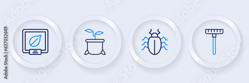 Set line Garden rake, Colorado beetle, Plant in pot and Seeds of specific plant icon. Vector