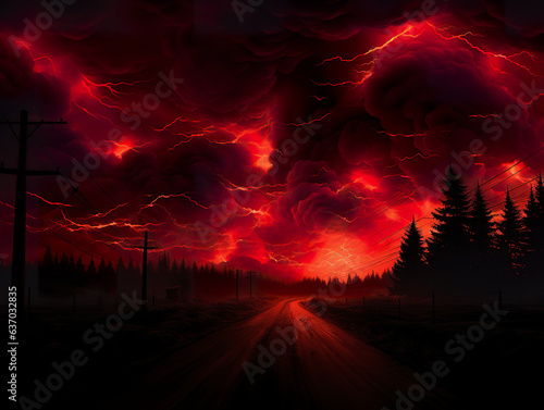 Illustration of a dramatic pole shift turns the sky a captivating and mysterious shade of red. Completely red sky in transformation of the planet. © Vagner Castro