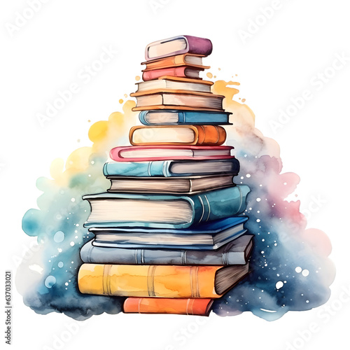 World book day concept. Watercolor Illustration with stack of books isolated on transparent background