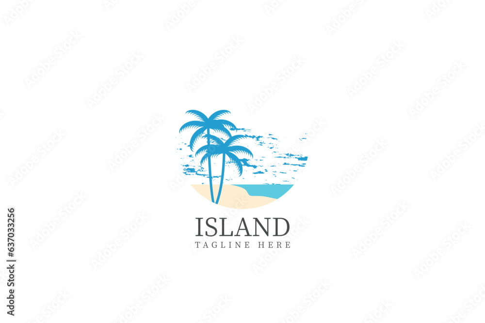 island beach, coconut trees, clouds. isolated decoration on circle. island beach, coconut trees, clouds. isolated decoration on circle.