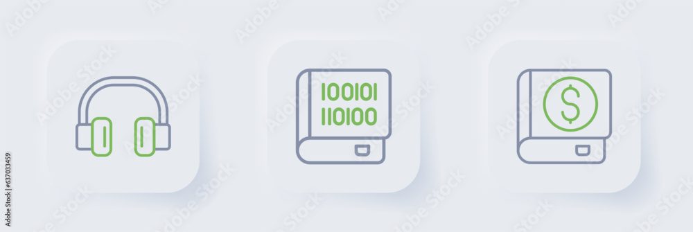 Set line Financial book, Books about programming and Headphones icon. Vector Set line Financial book, Books about programming and Headphones icon. Vector