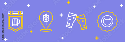 Set line Bottle opener, Glass of beer, Wheat and Street signboard with icon. Vector