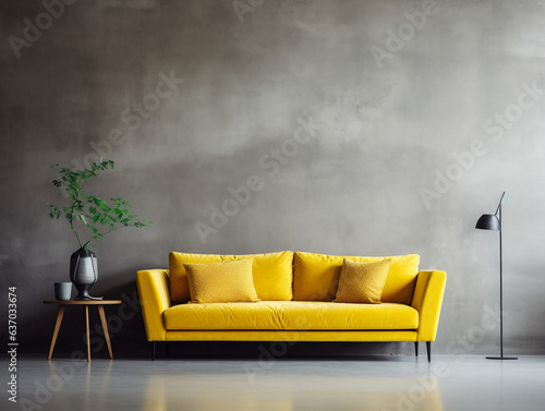 Loft style interior, bright sofa, concrete wall texture