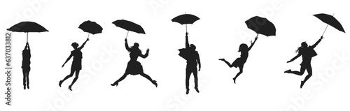 floating people set pack - vector set of silhouettes of flying people holding umbrellas. silhouettes of people floating in the air. gesture of people flying with umbrellas. flying and hovering movemen