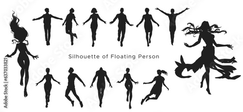 floating people set pack - flying people silhouette vector set. silhouettes of people floating in the air. gestures of people flying. flying and hovering movements. fly like an angel