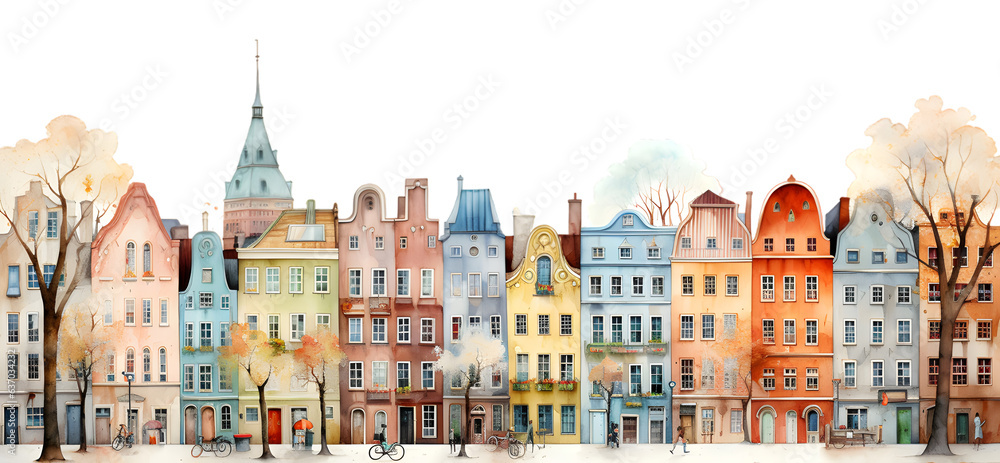 Cozy city street cartoon watercolor banner isolated on transparent background
