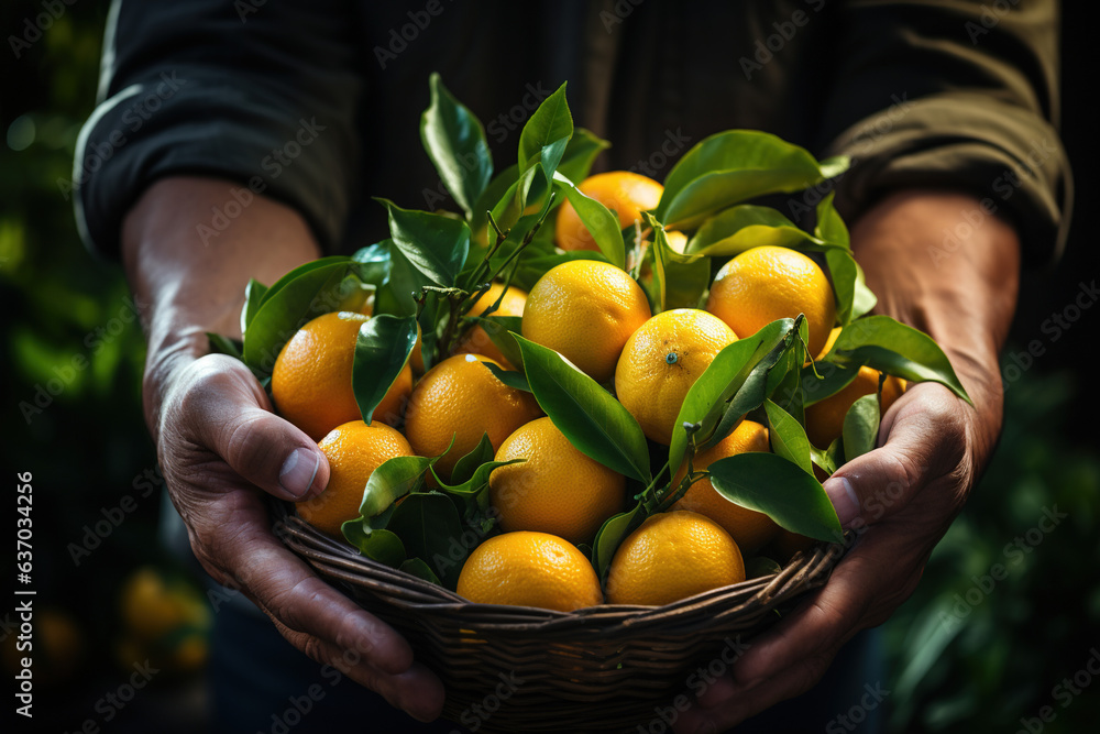 Orange or Mandarin fruits a Farmer holding with hand. Organic food, harvesting, and Farming Concept Close-up shot Soft focus Blur Background