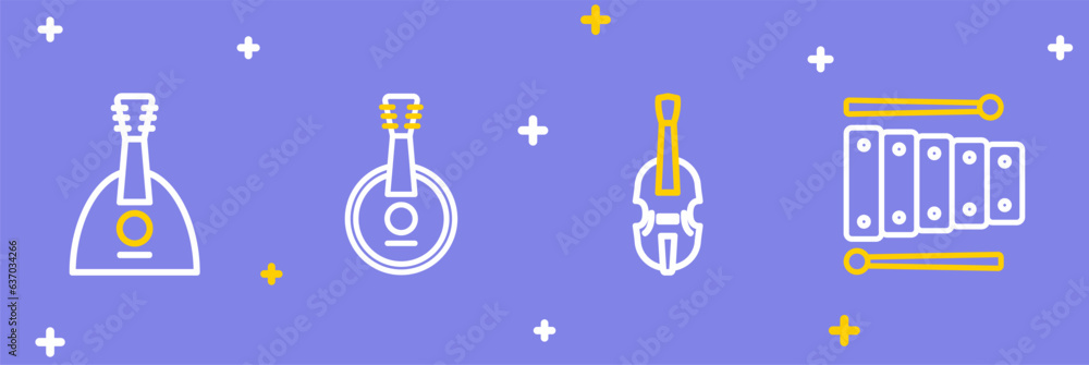 Set line Xylophone, Violin, Banjo and Balalaika icon. Vector Set line Xylophone, Violin, Banjo and Balalaika icon. Vector