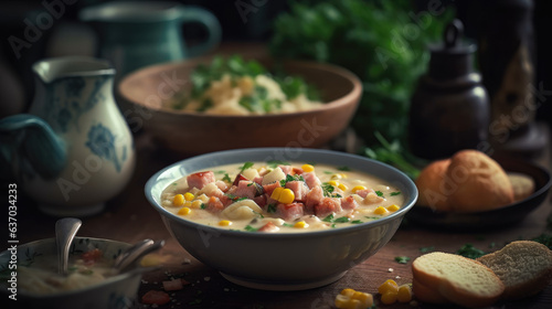 A bowl of chowder made with potatoes, ham, bacon, and sweetcorn. It is garnished with chopped parsley and ground black pepper. In the background, there are two bowls, and in the front, ladle. copy.