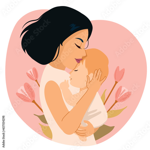 Beautiful woman hugging a baby. Vector illustration of motherhood and pregnancy concept. In vitro fertilization and paediatrics
