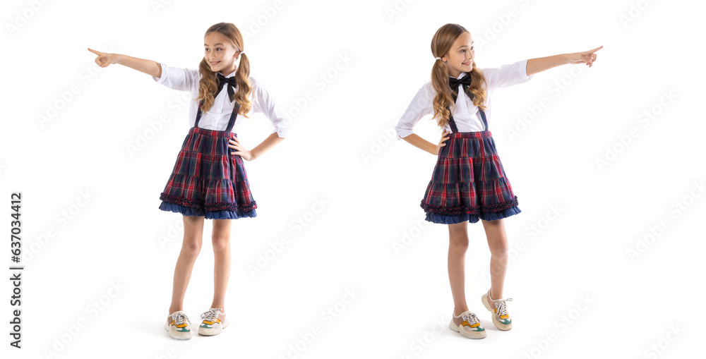 Girl schoolgirl 9 years old points a finger to the side, isolated on a white background. Two full size models of one child pointing one to the right, the other to the left.