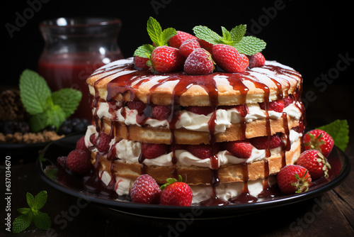Delicious Strawberry biscuit cake torte dessert with fresh berries and buttercream served on a plate on a wooden table