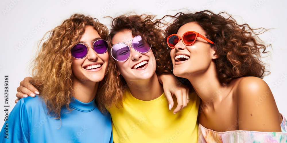 Joyful trio of diverse women in designer rainbow sunglasses, sharing a hearty laugh against a minimalist white background. Joyful trio of diverse women in designer rainbow sunglasses, sharing a hearty laugh against a minimalist white background.