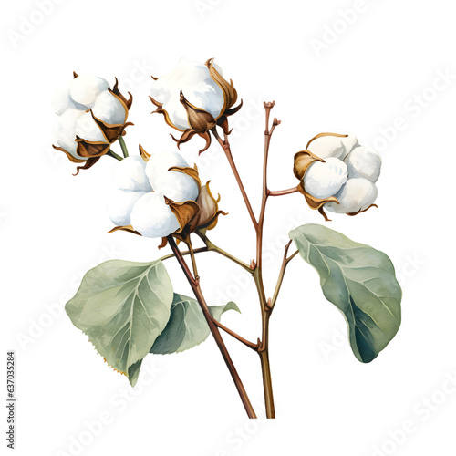 Watercolor cotton branch isolated on transparent background