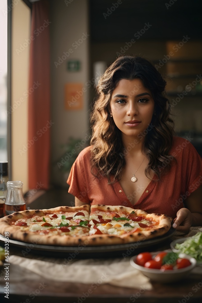 A woman enjoying a delicious pizza at a table
