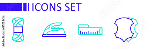 Set line Leather, Tape measure, Electric iron and Yarn icon. Vector